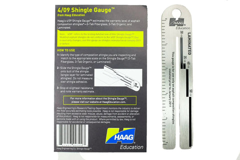 Shingle Thickness Gauge For Roofing Pros Pro Grade Tool That Measures Shingle Thickness And Maps It To Warranty Levels Includes Haag Company Info Key Card And Basic Instructions next to packaging.