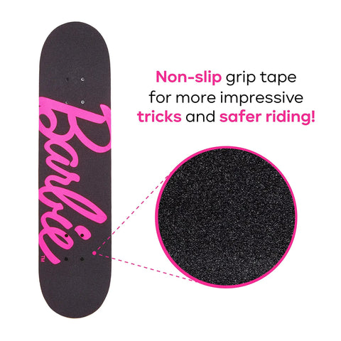 Kids Cruiser Skateboard With Printed Graphic Grip Tape showing Barbie design, focus on non-slip surface for better riding