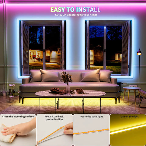 Living room with 5V USB RGB COB LED Strip Light 4.92ft Color Changing Tape installed around windows, multicolor backlight visible.