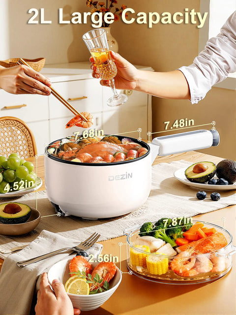 Electric Hot Pot With Steamer 2L Nonstick Saute Pan 5 In 1 Fast Easy Multifunctional Cooker on table with food