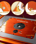 Detailed view of Industrial Grade Aluminum Router Lift Kit Dime Drop Height Adjustment features like cam wheels and leveling screws.