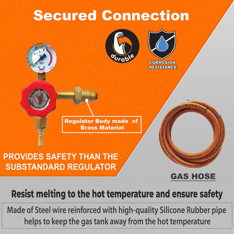 Secured connection for Dual Burner Propane Blacksmith Forge With One Side Door 2600F Rated Heat featuring brass regulator and hose.