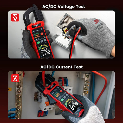 Smart Digital Clamp Meter With D-Shaped Jaws And Color Screen, measuring AC/DC voltage and current in electrical panels.