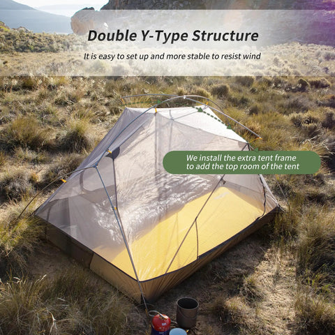 Mongar 2 Person Backpacking Tent with Y Frame design in outdoor setting, highlighting double layer structure for camping.