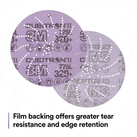 Close-up of Xtract Cubitron II Hookit Clean Sanding Film Disc 775L 220 Grit showing perforations and branding details.