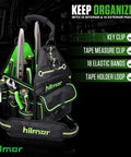 Black and green HVAC Tool Tote Bag with 27 pockets, 13 inch size, highlighted features including key clip and tape holder.