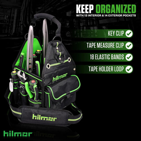 Black and green HVAC Tool Tote Bag with 27 pockets, 13 inch size, highlighted features including key clip and tape holder.