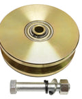 Heavy Duty Six Inch V Groove Gate Roller With Double Ball Bearings For Smooth Gliding Operation Built Tough As Nails Five Thousand Pound Load Capacity Corrosion Resistant Steel Hardware Set with bolt and nut.