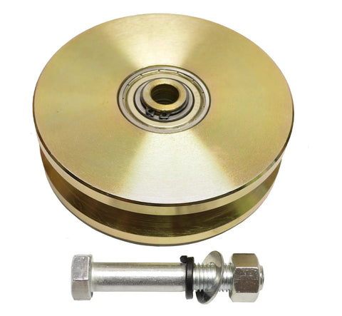 Heavy Duty Six Inch V Groove Gate Roller With Double Ball Bearings For Smooth Gliding Operation Built Tough As Nails Five Thousand Pound Load Capacity Corrosion Resistant Steel Hardware Set with bolt and nut.