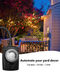 Outdoor Timer Outlet Waterproof 24 Hour Mechanical Light Timers for exterior outlets with two grounded outlets near lit patio.