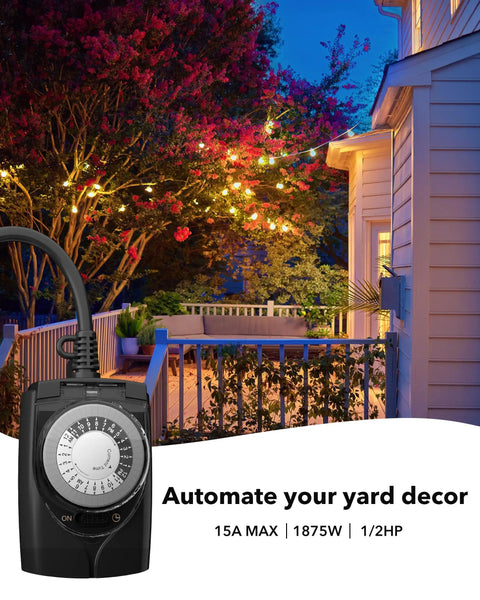 Outdoor Timer Outlet Waterproof 24 Hour Mechanical Light Timers for exterior outlets with two grounded outlets near lit patio.