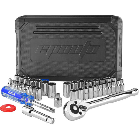 40 Piece One Quarter And Three Eighth Inch Drive Socket Set With 72 Tooth Reversible Ratchet Hardened Cr V Chrome Plated Tools