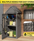 All Weather Outdoor Resin Storage Cabinet With Removable Shelves Lock Ring And Reinforced Floor Rugged Garden Shed, open view with tools.