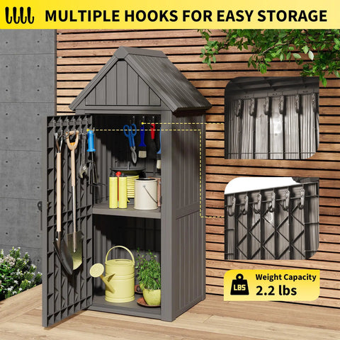 All Weather Outdoor Resin Storage Cabinet With Removable Shelves Lock Ring And Reinforced Floor Rugged Garden Shed, open view with tools.