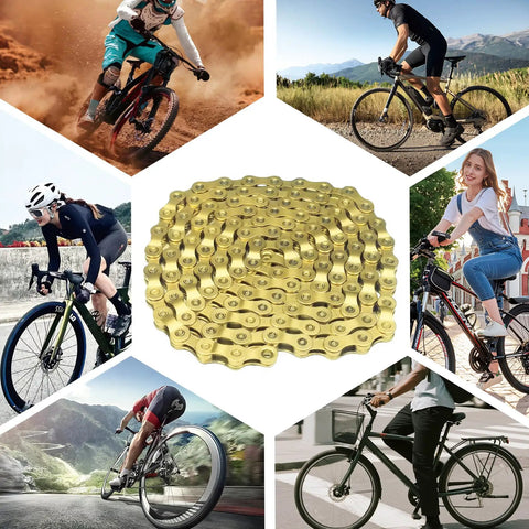 Collage of cyclists with Gold 6 To 12 Speed Bike Chain For Road And Mountain Bikes, high-strength forged steel, 116 links