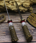 Damascus Steel Hunting Knife With Faux Antler Handle, 5.4 Inch Fixed Blade Skinner For Camping And Survival, two angles view