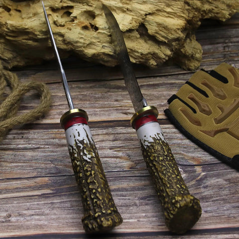 Damascus Steel Hunting Knife With Faux Antler Handle, 5.4 Inch Fixed Blade Skinner For Camping And Survival, two angles view
