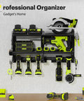 Power Tool Organizer Wall Mount With Charging Station, 3 Layer Heavy Duty Metal Tool Storage Rack Holds 420lbs, 6 Cordless Drill Holders, 4 Outlets, Garage Workshop Must Have with tools displayed on it.