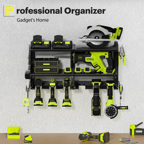 Power Tool Organizer Wall Mount With Charging Station, 3 Layer Heavy Duty Metal Tool Storage Rack Holds 420lbs, 6 Cordless Drill Holders, 4 Outlets, Garage Workshop Must Have with tools displayed on it.
