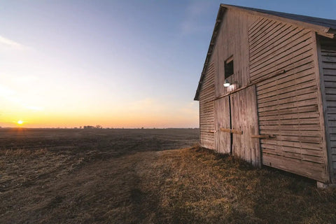 Beast Outdoor LED Barn Light For Dusk To Dawn Security illuminating a wooden barn at sunset with aluminum gray finish