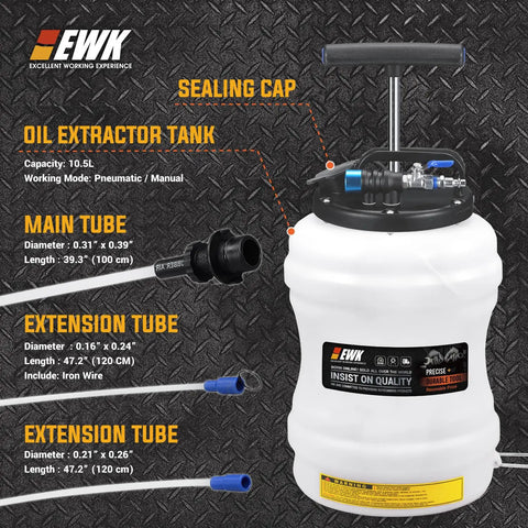 10.5 Liter Oil Extractor Pump For Engine Fluids Dual Manual And Pneumatic Power with sealing cap and detailed tube specifications.