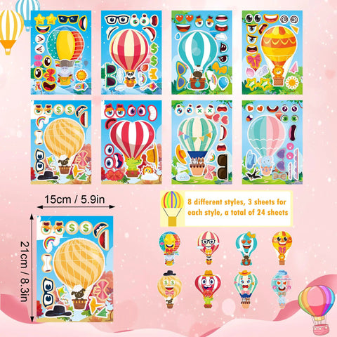 24 Sheets Hot Air Balloon Make A Face Stickers Set with 8 styles including animals, sunglasses, stars, and rainbows for DIY crafts.
