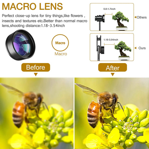 Macro lens effect on bee and flower showcasing detail with 3 In 1 Phone Lens Kit For Android With 198 Degree Fisheye, 120 Degree Wide And Macro.