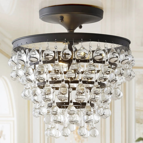 Oil Rubbed Bronze 13 Inch LED Flush Mount Ceiling Light Fixture With Clear Crystal Drum Shade Modern Glam Style
