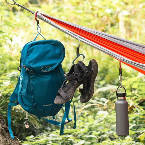 HeroClip Medium Carabiner Gear Clip And Hook For Camping Backpack And Garage Organization used to hang backpack and sandals on hammock