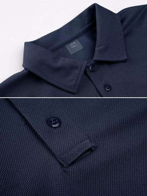 Close-up of the Men's Navy Polo Shirt Short Sleeve Hike Ready and Hunt Ready, Quick-Dry Polyester Pique, Tactical Style With 3-Button Placket