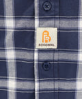 Close-up of Flame Resistant Work Shirt For Men In Navy White Plaid, 6.25oz FR Cotton Twill showing buttons and FR stitching detail