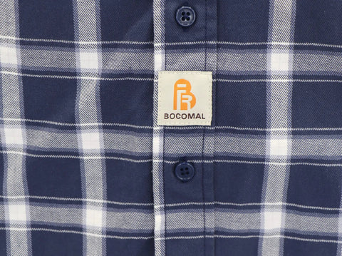 Close-up of Flame Resistant Work Shirt For Men In Navy White Plaid, 6.25oz FR Cotton Twill showing buttons and FR stitching detail