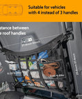 Ceiling Cargo Net With 3 Pockets And Double Layer Mesh Overhead Storage Organizer for Cars and SUVs showing dimensions and fit
