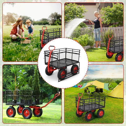 Heavy Duty Garden Wagon Cart With 1400 Lbs Capacity And Mesh Sides That Detach To Flatbed, 2 In 1 Handle, 16 Inch Tires in garden use