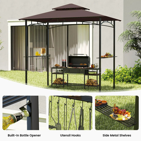 8x5 Grill Gazebo All Weather Outdoor BBQ Canopy With Steel Frame Two Shelves And Utensil Organizer Bottle Opener Rustproof