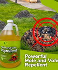 Mole And Vole Repellent With 100 Percent Castor Oil Formula For A Healthy Lawn And Yard, Big Coverage 128 Oz Gallon displayed outdoors