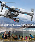 4K HD Camera Drone With Brushless Motors displaying adjustable 130° camera over mountains, showing stabilizing features