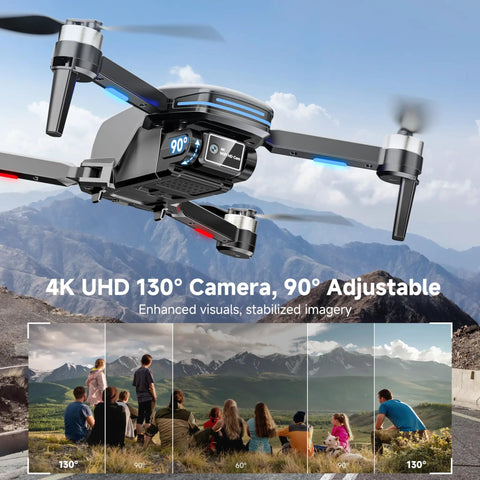 4K HD Camera Drone With Brushless Motors displaying adjustable 130° camera over mountains, showing stabilizing features