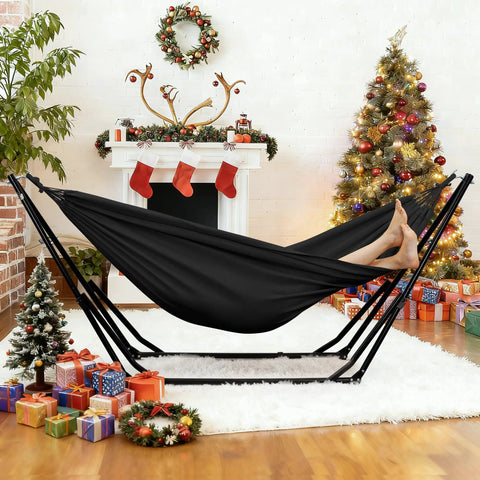 Portable Hammock Chair With Stand For Travel Backpacking Beach And Backyard 550 Lb Capacity Easy Setup shown near fireplace