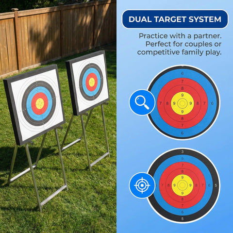 High Density EVA 20 Inch Archery Target Set for Backyard Practice, showing dual targets on stands in outdoor setting.