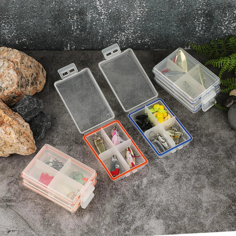 Pack Of 6 Clear Mini Fishing Tackle Boxes With 4 Compartments, transparent lure storage bins displayed with fishing gear.