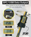 Absolute Origin 0 To 4 Inch Digital Caliper displayed with USB SPC output feature, showing inch and metric readings on screen.