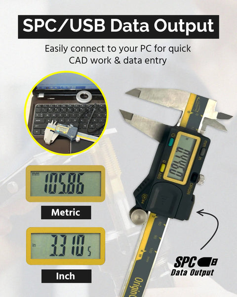 Absolute Origin 0 To 4 Inch Digital Caliper displayed with USB SPC output feature, showing inch and metric readings on screen.