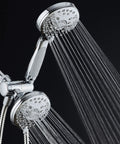 High Pressure 48 Mode Luxury 3 Way Shower Kit with dual rain head and handheld, chrome finish, 6-foot stainless steel hose in use