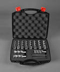Annular cutter set, 13 pcs with Weldon shank in a plastic case; diameters 7/16–1-1/16 in, HSS, includes two pilot pins.