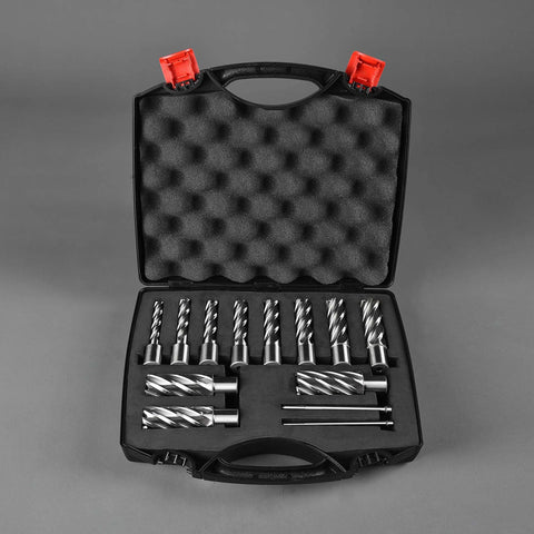 Annular cutter set, 13 pcs with Weldon shank in a plastic case; diameters 7/16–1-1/16 in, HSS, includes two pilot pins.