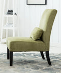 Kick Back Today Spring Green Chenille Armless Accent Chair With Rich Espresso Wood Legs And Snug Kidney Pillow side view on a rug.