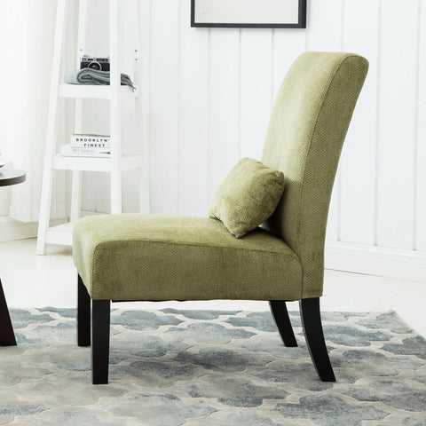 Kick Back Today Spring Green Chenille Armless Accent Chair With Rich Espresso Wood Legs And Snug Kidney Pillow side view on a rug.