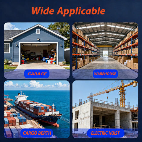Collage showing versatile applications of Two Wheel Silent Trolley Assembly Rollers in garages, warehouses, cargo berths, and hoists.