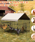 Heavy Duty Metal Chicken Coop With Waterproof And Anti UV Cover No Fuss Portable Chicken Run For Yard Poultry Cage Hen House For Backyard Farm Use 86 Inch Long By 40 Inch Wide By 40 Inch High Rust Resistant Epoxy Coated Frame Ground Nails Included in a grassy yard with chickens inside